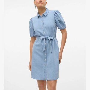 Vero Moda Abigail Denim Shirt Dress Light Blue Button Down Belted Dress NWT L